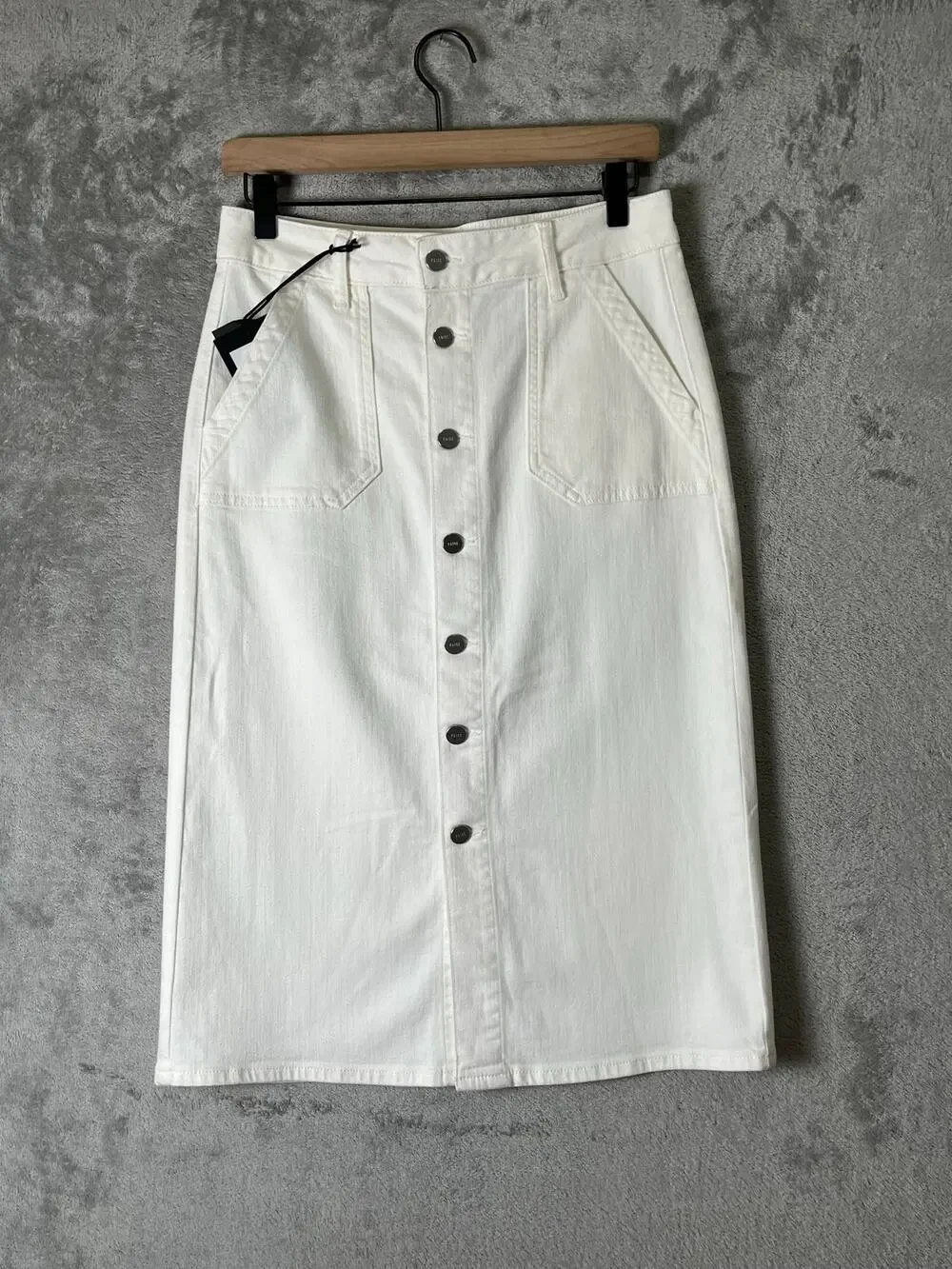 Paige Meadow Utility Patch Pocket Midi Denim Skirt Ivory Button Front Size27 New